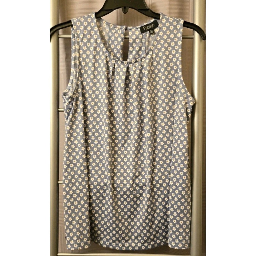 Papillon Womans Blouse Top Blue Daisy S Floral Sleeveless Round‎ Neck Pullover - Picture 3 of 7
